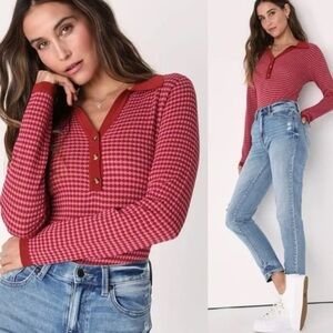 Lulus Retro Cutie Burgundy and Pink Textured Knit Long Sleeve Bodysuit Small